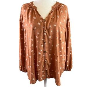 Sonoma Button Up Top XL Brown Floral Polka Dot Cottagecore Peasant V-Neck Hi-Low